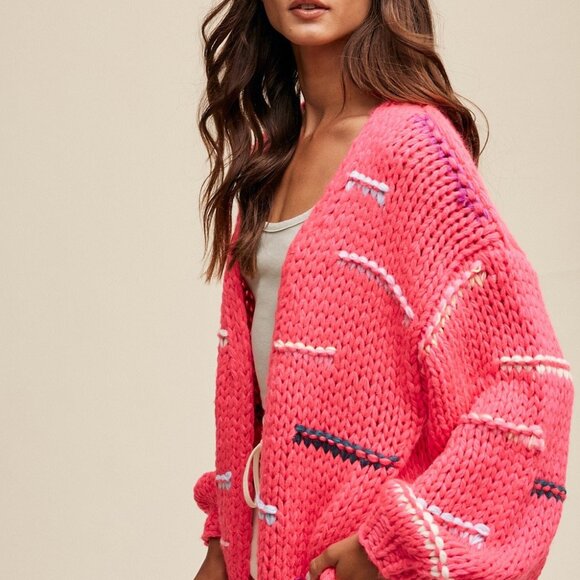 Hot Pink Chunky Hand Crochet Boho Front Pocket Cardigan - Picture 2 of 4